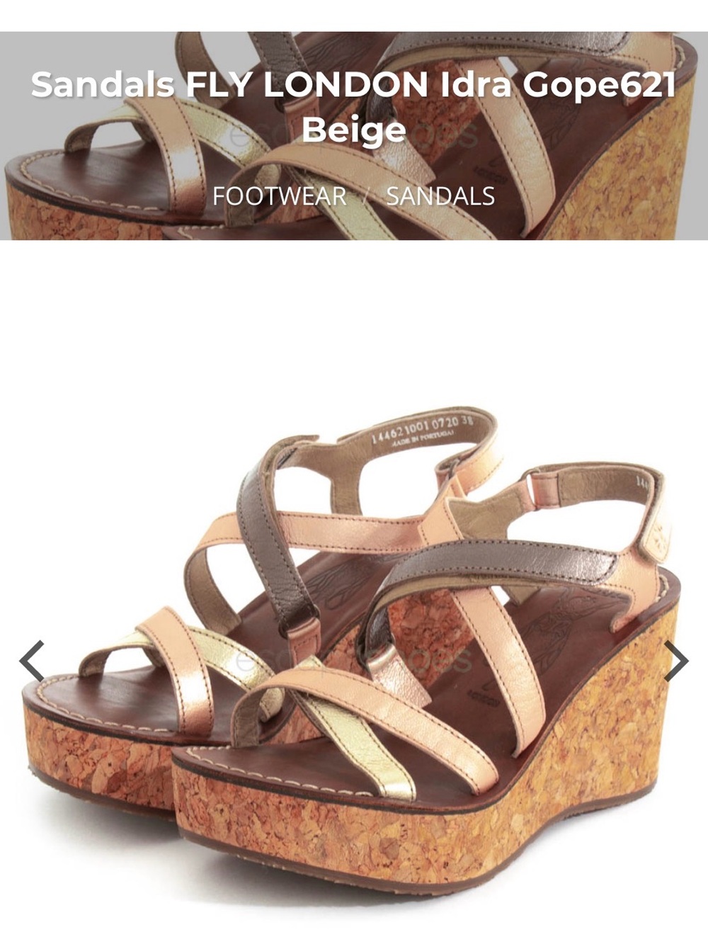 Fly London Beige Metallic Multi-Strap Cork Wedge Sandals size 37